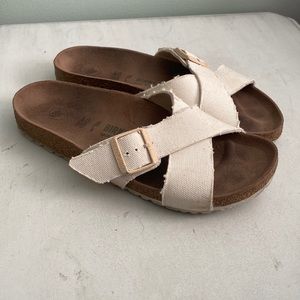 Birkenstock white textile straps flip flops